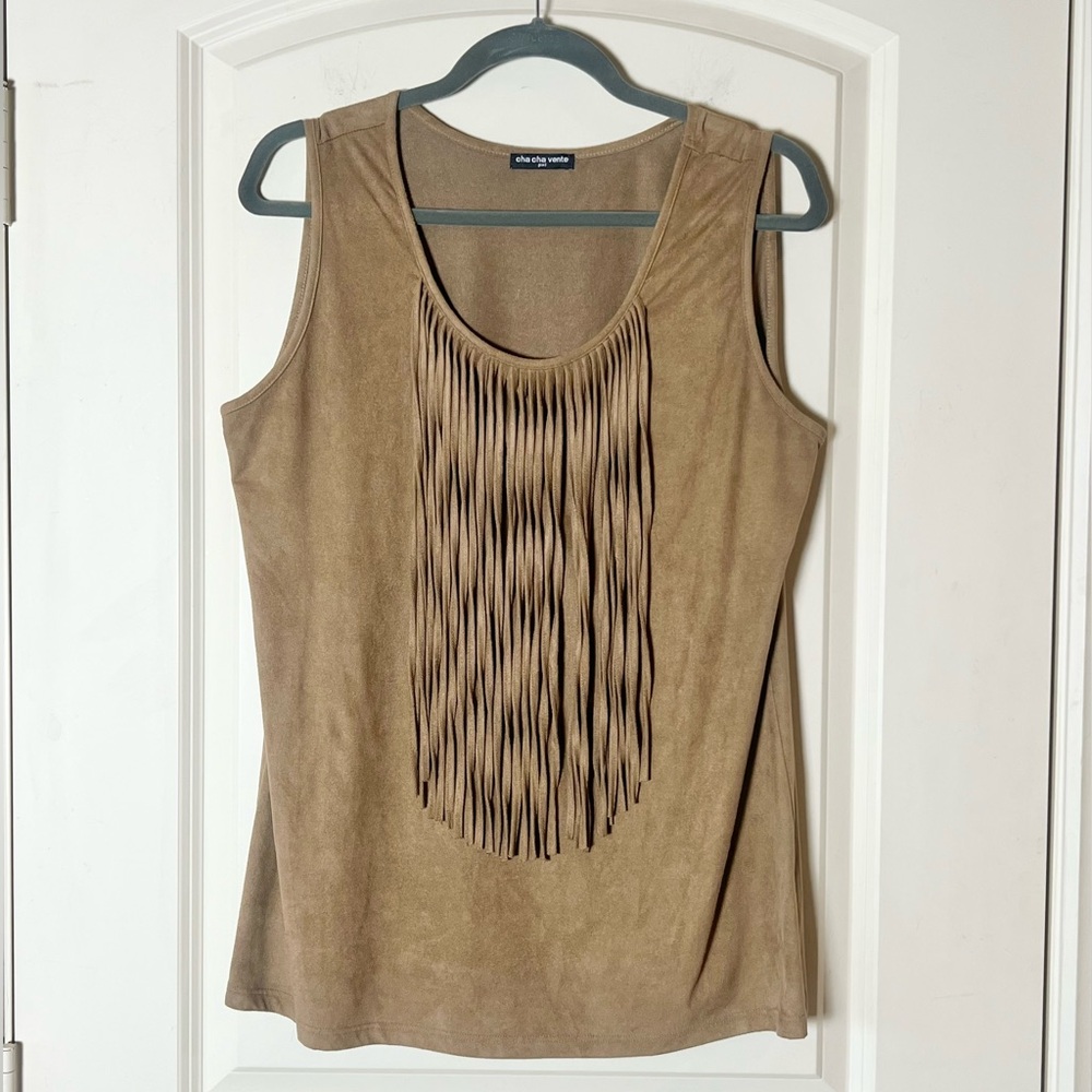Cha Cha Vente Brown Faux Suede Fringe Sleeveless Top XL Western Boho Festival